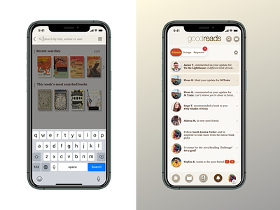 Goodreads Revisited: Search & Notifications app book reading branding clean concept design flat goodreads ios notification reading app search ui ux