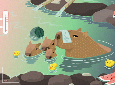 Summer chill capybara ducks heat illustration summer vector watermelon