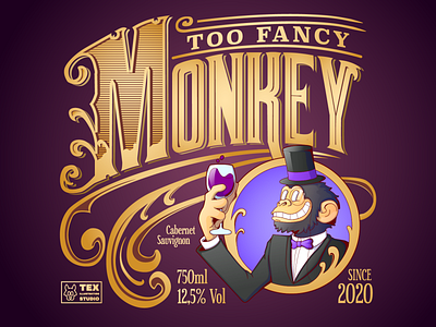 Too Fancy Monkey cartoon character characterdesign creative design drawing illustration label logo typography vector wine