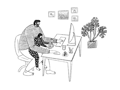 Working with the best companion drawing editorial illustration family father father and son home home office homeoffice illustration line lockdown pijama procreate quarantine remote stay home stay safe