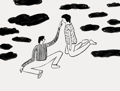 Touch black and white clouds concept drawing illustration line love meet nose