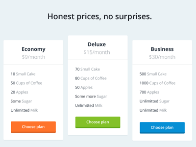 Plans&Prices business button deluxe economy flat plans an prices ui user interface