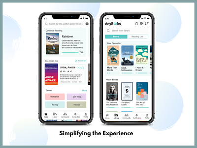 Book Reading App - Home and Library book reading app books design ebook ebookreading mobile ui mobileapp ui user experience userinterface ux