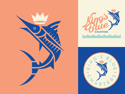 King's Blue Charters branding charter crown design fish fishing fly fishing icon logo marlin minimal ocean retro vector water