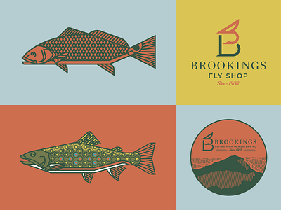 Brookings Fly Shop Branding branding design fish fishing fly fishing geometric icon logo minimal mountains retro trout vector