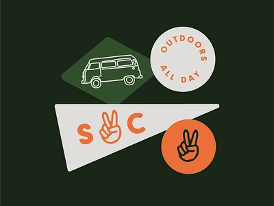 South Coast Stickers adventure apparel brand design brand identity branding camper camper van design hand emoji illustration logo outdoors peace sign peace symbol skater stickers surfer typography vector vw bus