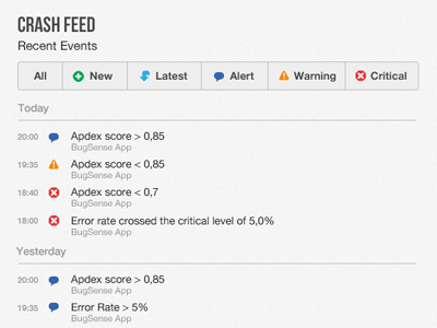 Crash Feed events feed filters recent