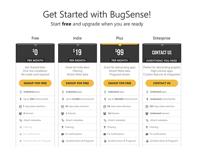 New BugSense Pricing Page pricing page