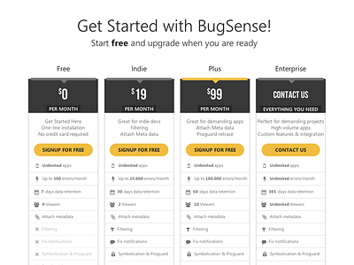 New BugSense Pricing Page