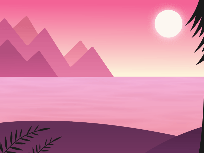 Day to Night animated animation blue day day to night dusk evening illustration lake loop loop animation moon mountains night pink plants scene sun water waves