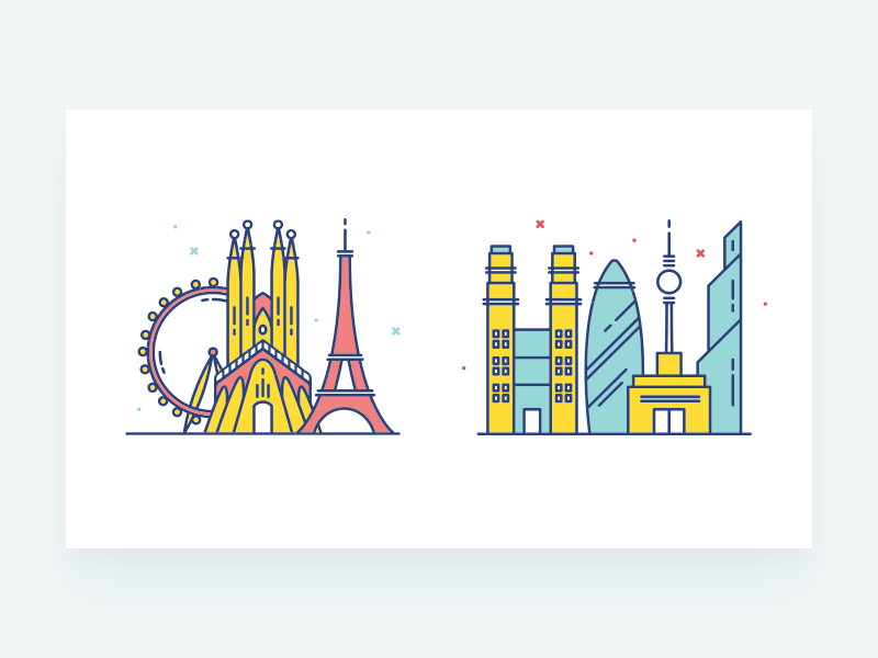 Famous tourism attractions big wheel london eiffel tower paris sagrada familia barcelona berlin building city architecture vector design