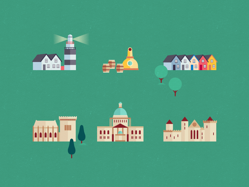 Map of Ireland #2 dublin belfast church castle house distillery headlight land ireland vector flat illustration