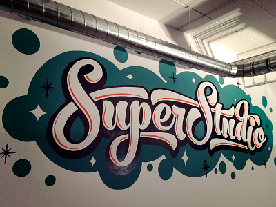 Super Studio Mural hand painted mural old skool paint painted sign script sign painters signpainters stars super typography wall art