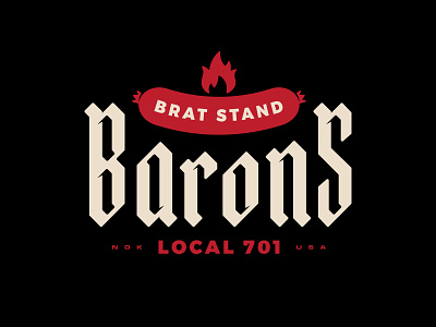 Brat Stand Barons badge blackletter bratwurst fargo flame grill hot dog lockup logo north dakota red sausage