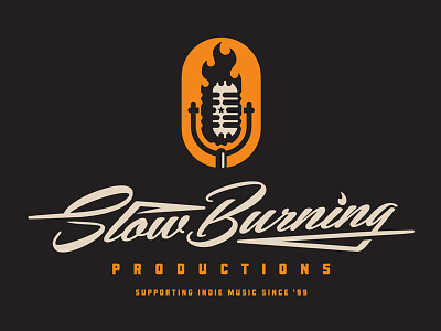 Slow Burning Productions badge brand classic fire identity system lockup logo microphone script sd south dakota studio