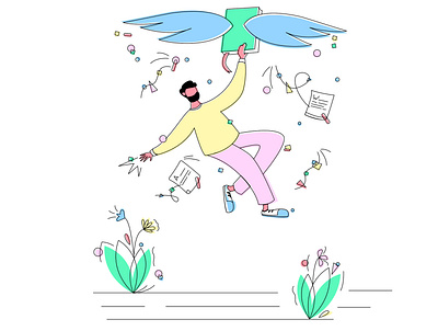Limited Color Palette // Birdman 2019 adobe illustrator blue books boy flat flowers illustration green pink trends 2020 vector illustration yellow