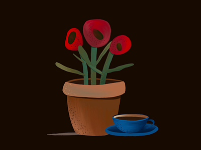 Red flowers and cup of tea