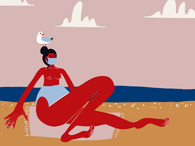 Summer. Beach. Sea. Girl and gull. bikini character flat girl illustration limited color palette pink raster red retro sand trends 2020