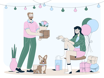 Gifts / Celebration party 🎁 awesomic blue boy characters content corgi dog flowers gift girl happy illustration landing page limited color palette love party pink presents ui vector illustration