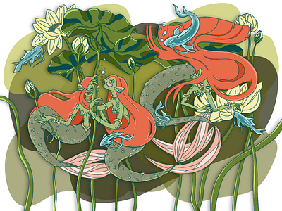 Mermaids 💚 Ukrainian folklore 2022 characters girls green lake land limited color palette mermaids procreate procreate app raster raster illustrations ukrainian ukraninan folklore