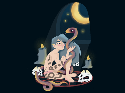 Moon night 🌙 candle character dead digital illutsration girl moon night pentagram procreate procreate app raster raster illustration scull snake snake tattoo tattoo