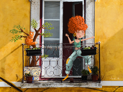 Woman on the Balcony digital painting illustration