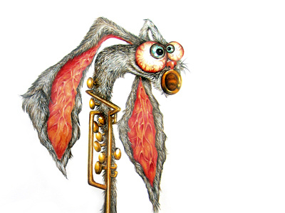 Oops, I swallowed a saxophone! animal art color pencil drawing hand drawn illustration monster pencil