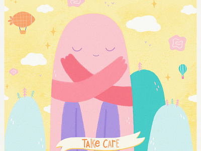 Take Care character design digital illustration dream giant hot air balloon illustration imagination kind monster magic meditate meditation mindfulness monster mountains peace peaceful self care serenity weird zeppelin