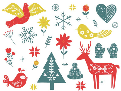 Christmas Folk Art Icons digital illustration festive icons festive illustration floral folk art icon design illustrated icons illustration reindeer snowflakes spot illustration sticker design winter winter holidays