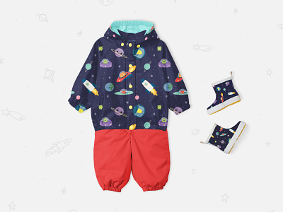 Space Adventure alien illustration character design childrens apparel friendly alien kids apparel kids boots kids raincoat planets illustration rocket rocketship space illustration space pattern spaceship stars surface pattern surface pattern design surface pattern designer