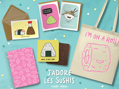 J'adore les sushis character design gift greeting card design humour illustration japanese food kawaii merchandise design merchandise illustration mixed media product design product illustration pun card puns ramen stationery stationery design sushi card sushi illustration