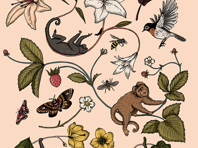 Monkeys animal art digital art drawing illustration lilly monkey nature pattern strawberry