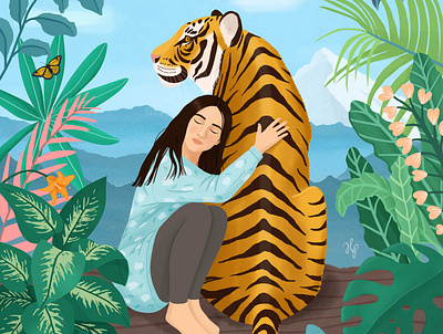TIGER animal cat digital art drawing girl illustration jungle nature painting peaceful portrait tiger tropical woman
