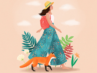 Fox animal art digital art drawing fox girl illustration nature portrait summer voyage woman