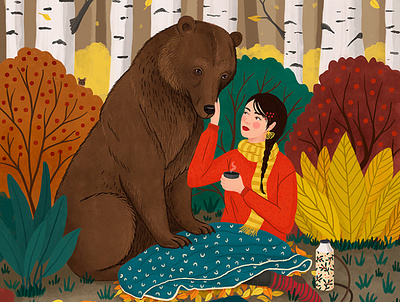 Bear animal art autumn bear book illustration childern illustration digital art drawing fall girl illustration nature woman