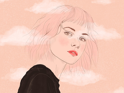 Head in the clouds art clouds digital art drawing dreamy girl illustration minimalist painting pink portrait woman