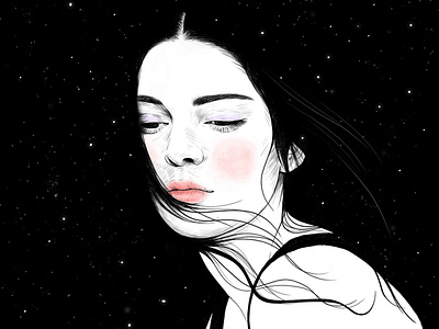 Stars art blackandwhite digital art drawing dreamy girl illustration night portrait sky stars woman