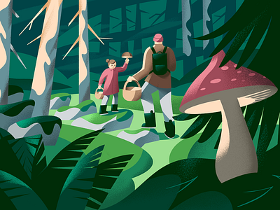 Mushroom hunting character character design digital illustration editorial finland forest illustration illustrator modern mushrooms vector