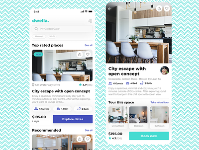 Dwella - Explore and Stay at great spaces! booking dailyui explore figma iphone mobile app rental room userexperience userinterface visual design