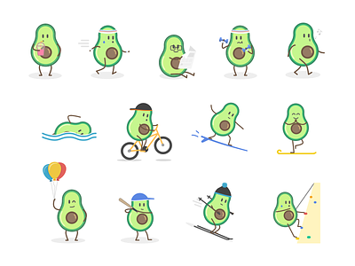 Guakka Stickers #2 avocado character cute emojis emotions guacamole guakka illustration ski sport stickers stickers for imessage