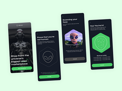 Alienzon onboarding - Ecommerce app for aliens alien alien app ui commerce dark greeen dark mode ecom ecommerce ecommerce onboarding face verification green human verification mobile ecommerce ui mobile shopping ui mobile ui prove that you are not sci fi ui security shopping spotify ui
