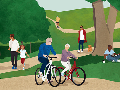 FI Header Image 041321 Logo Full active bicycle characters community digital editorial illustration outdoors outside
