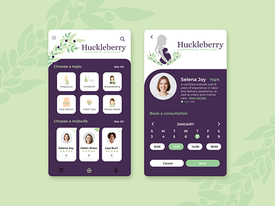 Huckleberry Midwivery app baby booking caregiver design doula flat midwife pregnancy uidesign user interface design userinterface ux women
