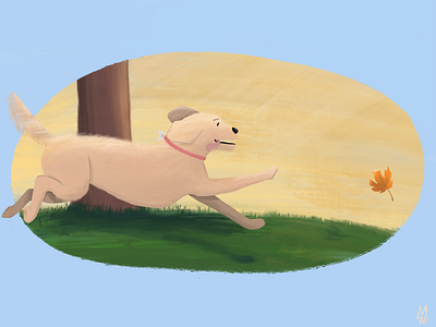 Dog chasing leaf afternoon dog illustration leaf running sunset