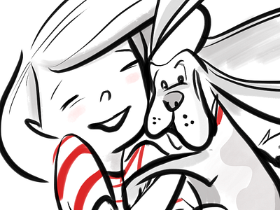 A Girl and Her Dog black and white character design illustration
