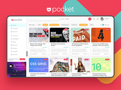 Pocket Dashboard Redesigned app articles clean color dashboard dashboard app dashboard ui design feed illustrator layout news app newsfeed pocket posts redesign simple ui ux xd