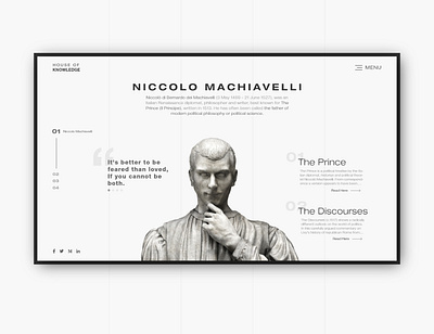 Niccolo Machiavelli | Minimalistic Landing Page classic clean design elegant experiment explore idea knowledge landing page layout minimalistic reading sleek thinking ui ux uxui xd