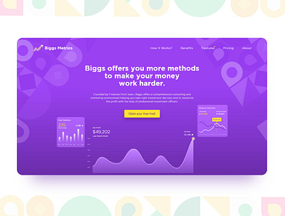 Biggs Metrics | Hero Section design design exploration finance finance app financial website fintech website hero section investment landing page money app money management online banking product page profit revenue ui design uxui xd