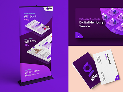 Glia's online and offline assets brand identity branding business card cover art cx glia rebranding rollup