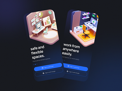 Coworking Space Concept App 3d coworking dark ui design illustration minimal mobile design ui